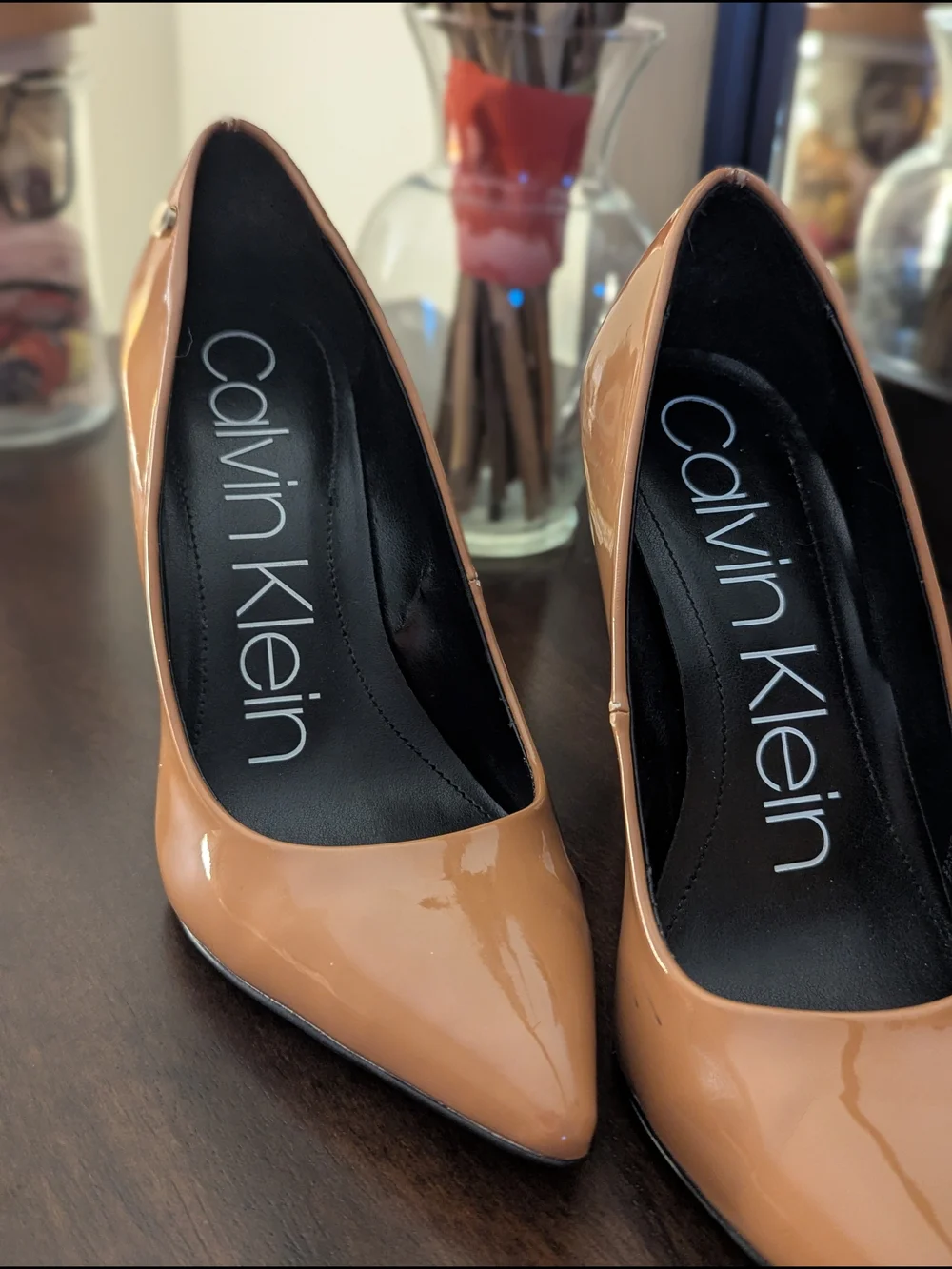 Calvin Klein Brady Nude Patent Leather Pointed Toe Stiletto Pumps Heels Size 7.5